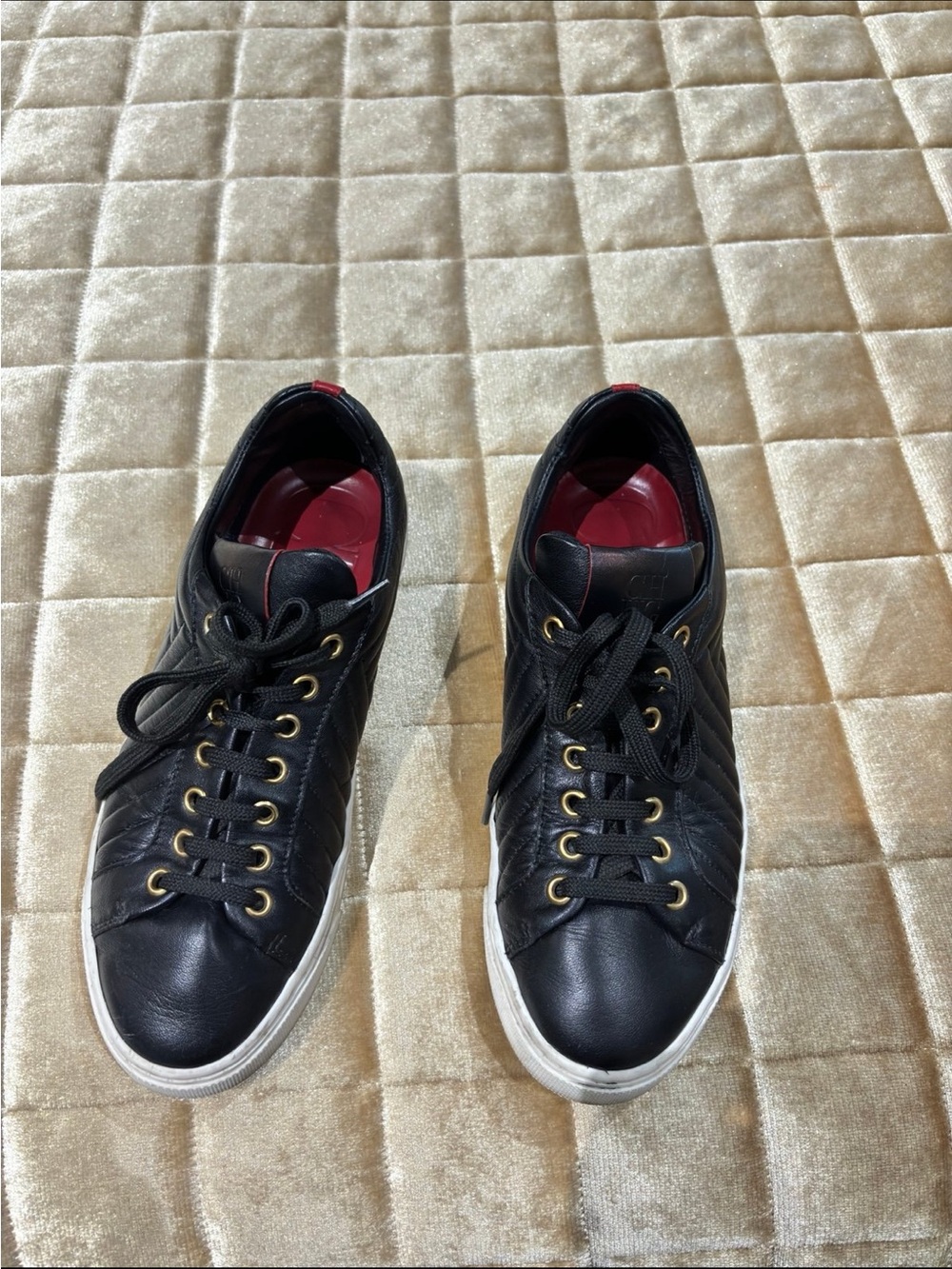 Carolina Herrera Black Leather Quilted Sneakers with Red Interior